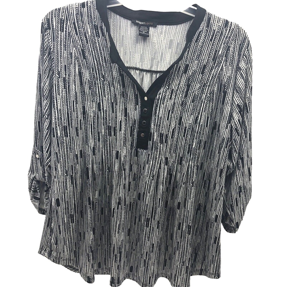Robert Louis Blouse Women's XL‎ Black White Geometric Stripe Roll Tab Tunic